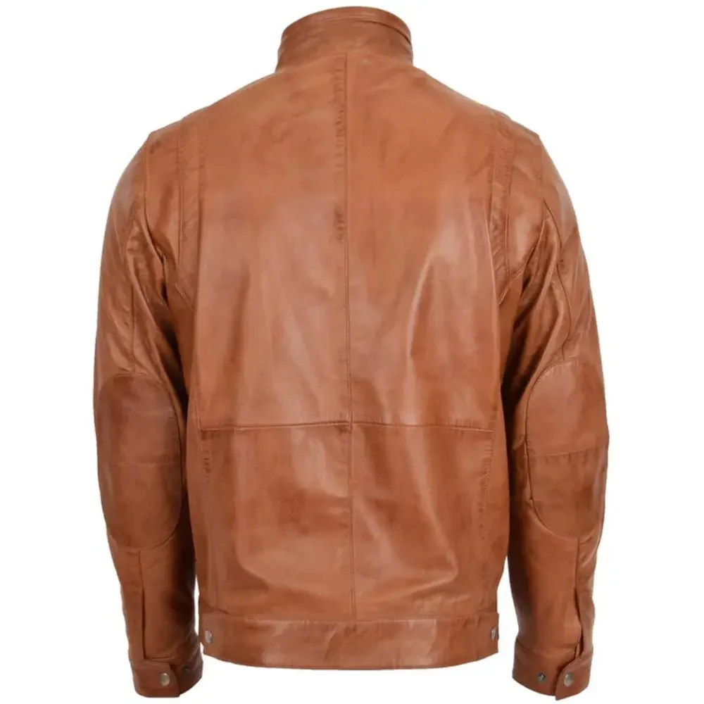 Men Tan Ribbed Collar Biker Leather Jacket