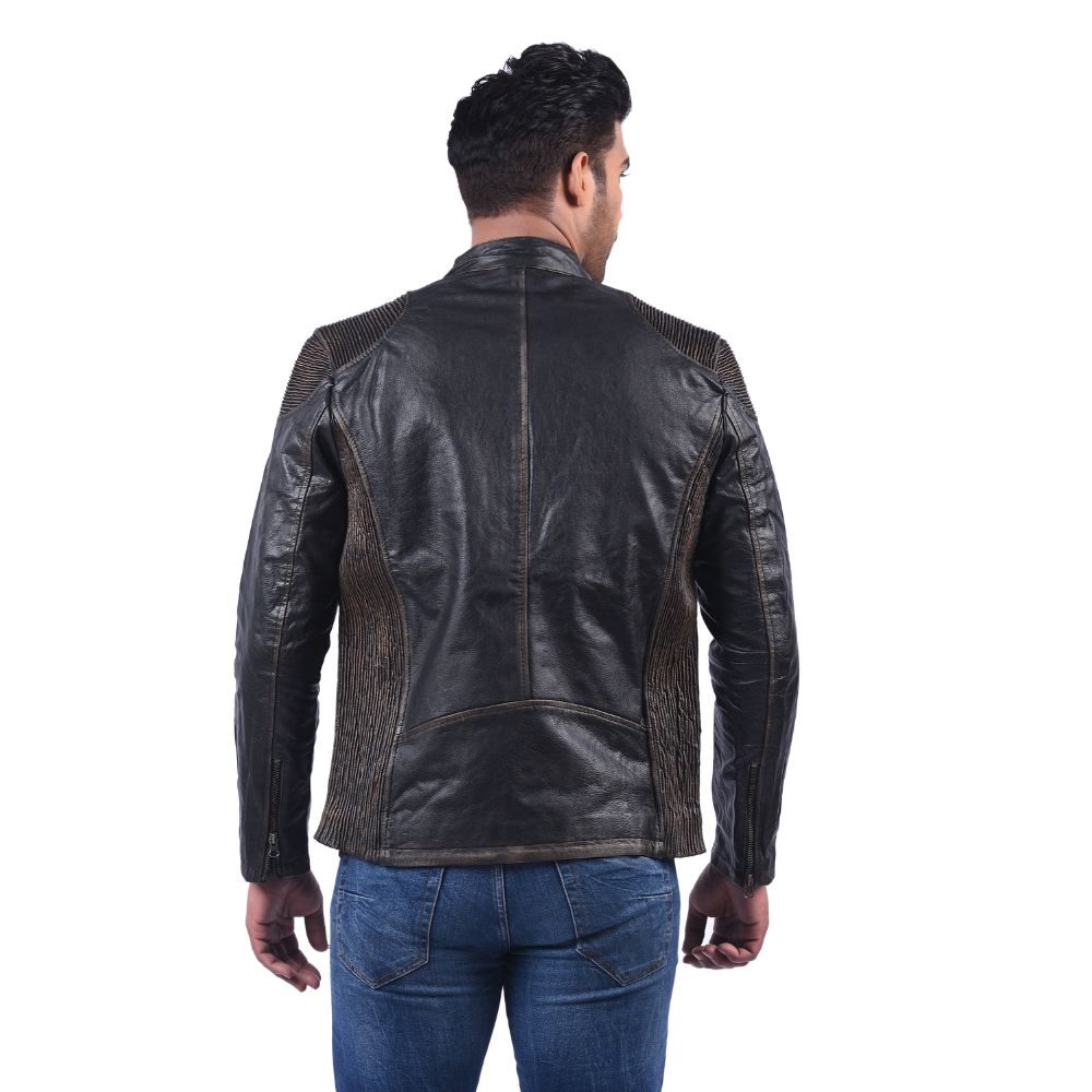 Men's Textured Black Leather Biker Jacket