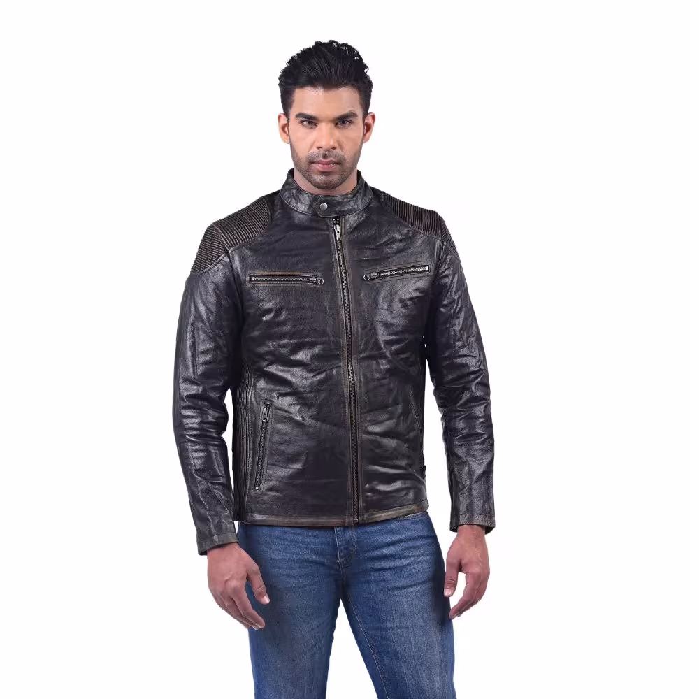 Men's Textured Black Leather Biker Jacket