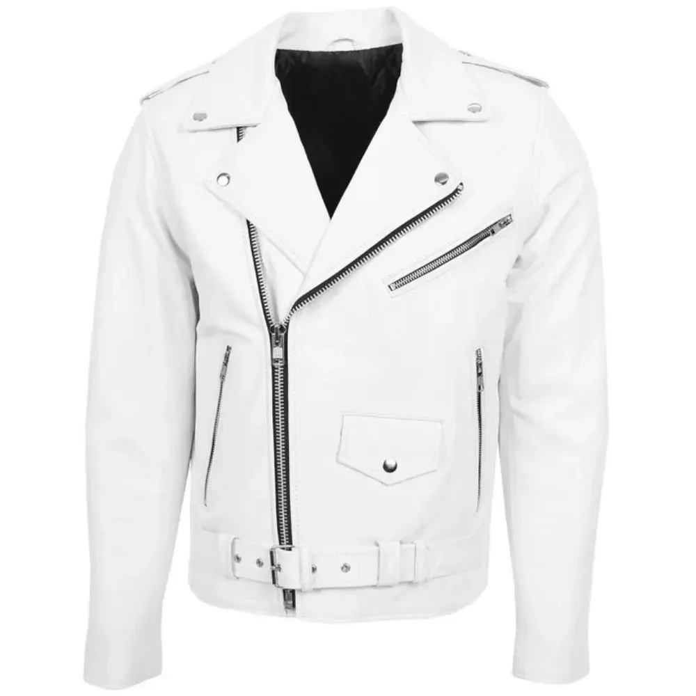 Men White Belted Brando Leather Biker Jacket