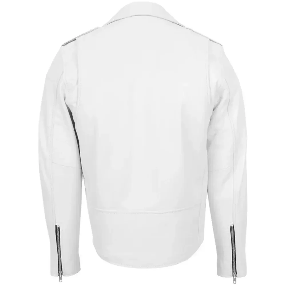 Men White Belted Brando Leather Biker Jacket