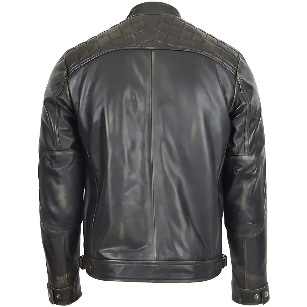 Men Rugged Black Biker Leather Jacket