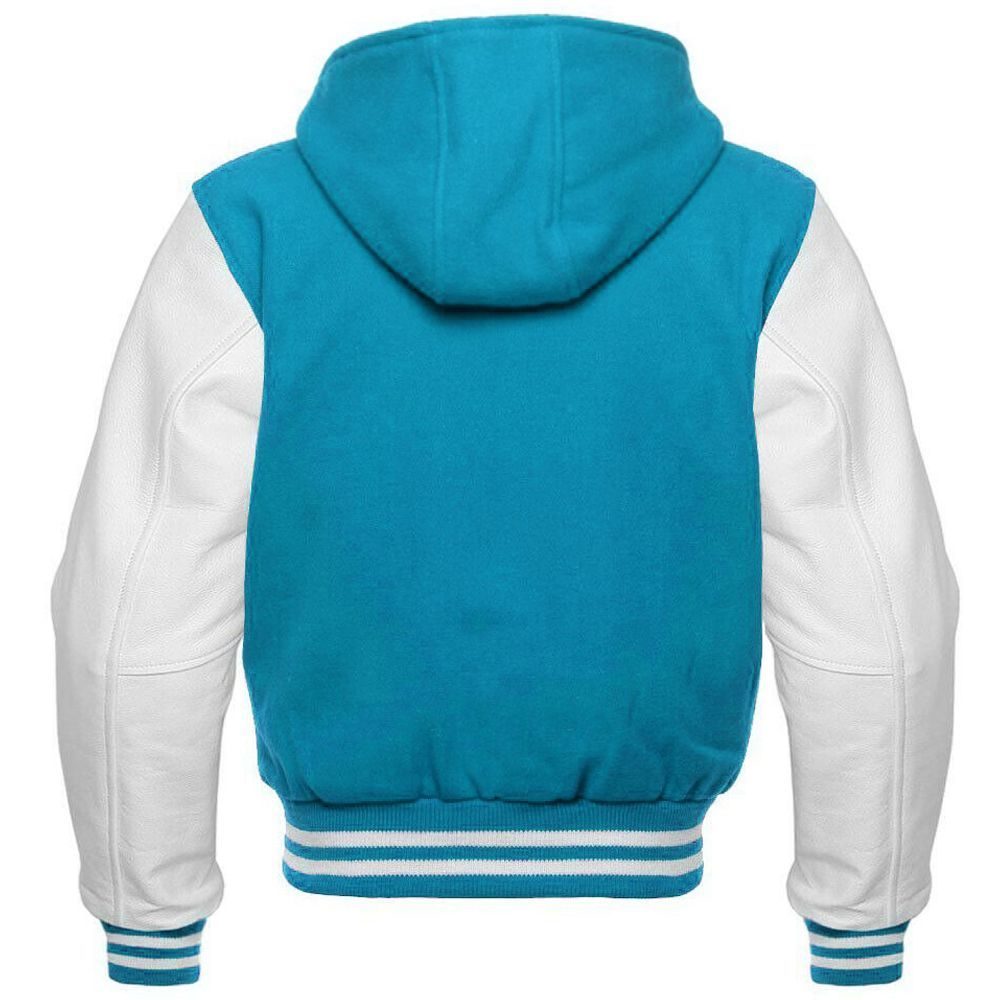 Men's Teal and White Hooded Varsity Jacket