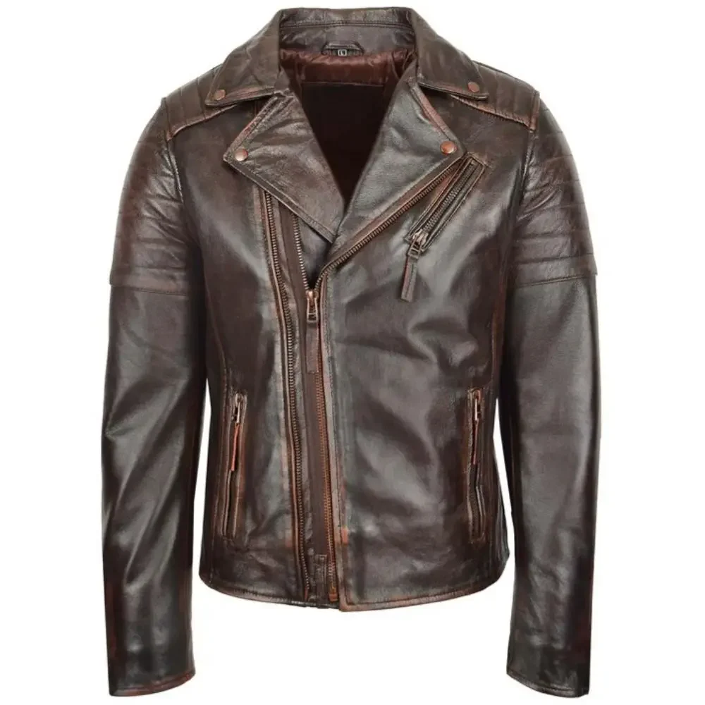 Men's Vintage Brown Asymmetrical Leather Biker Jacket