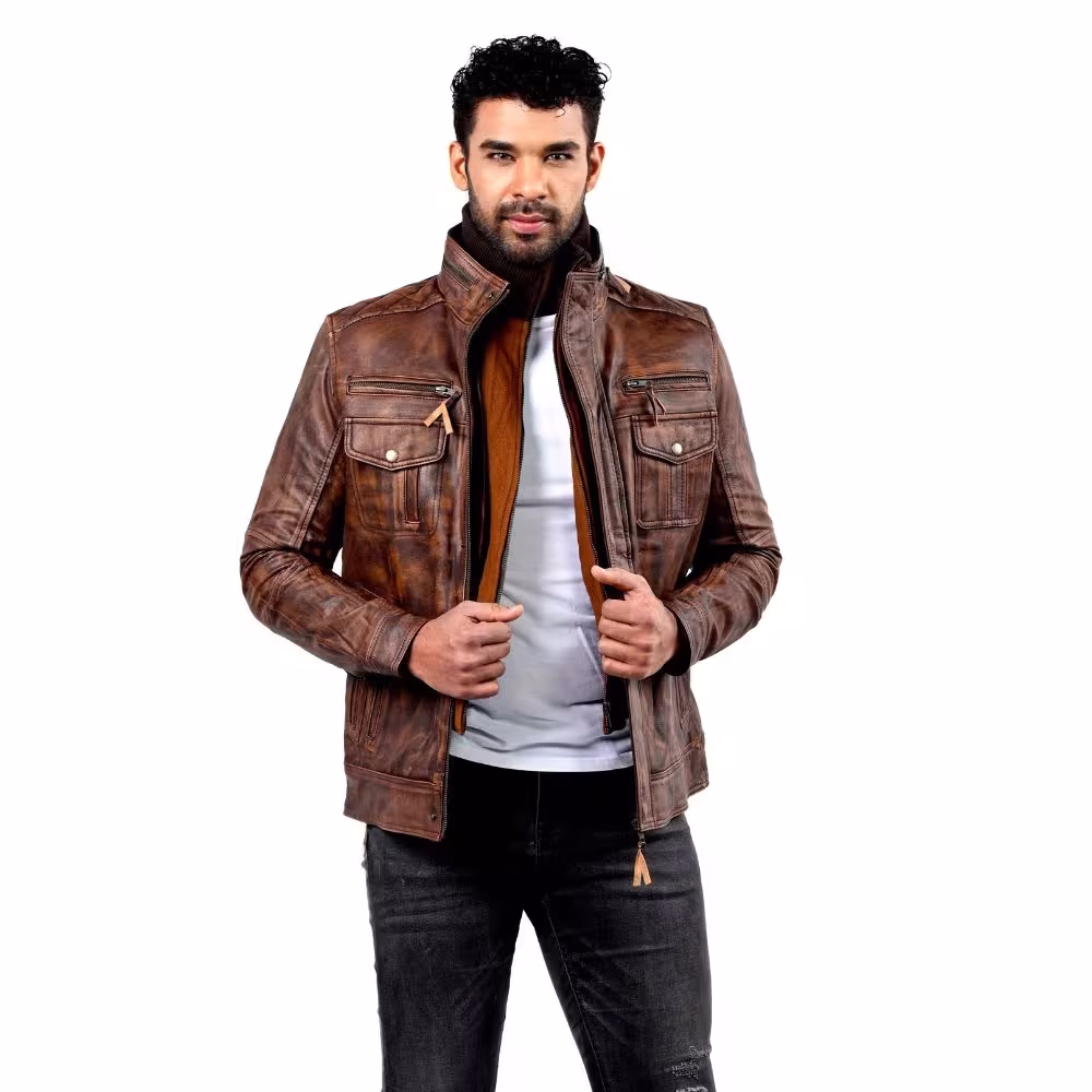 Men's Vintage Waxed Brown Biker Leather Jacket