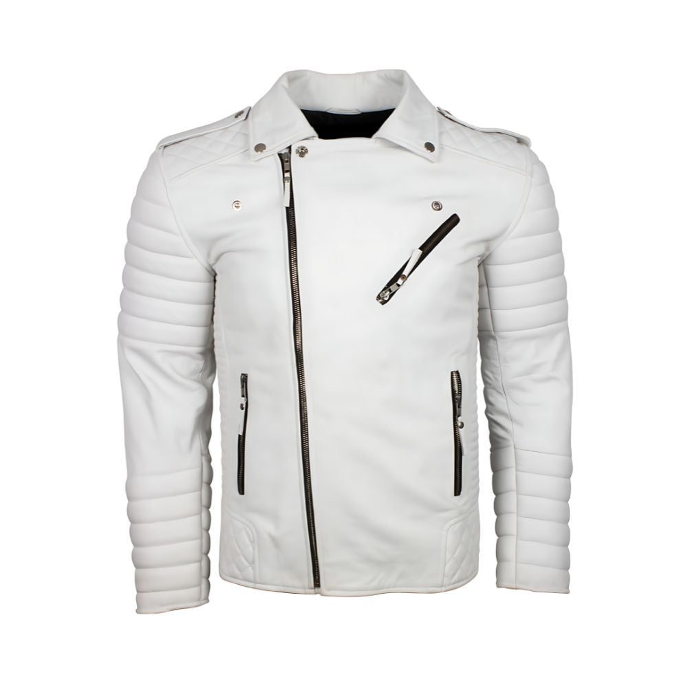 Men's White Quilted Leather Biker Jacket