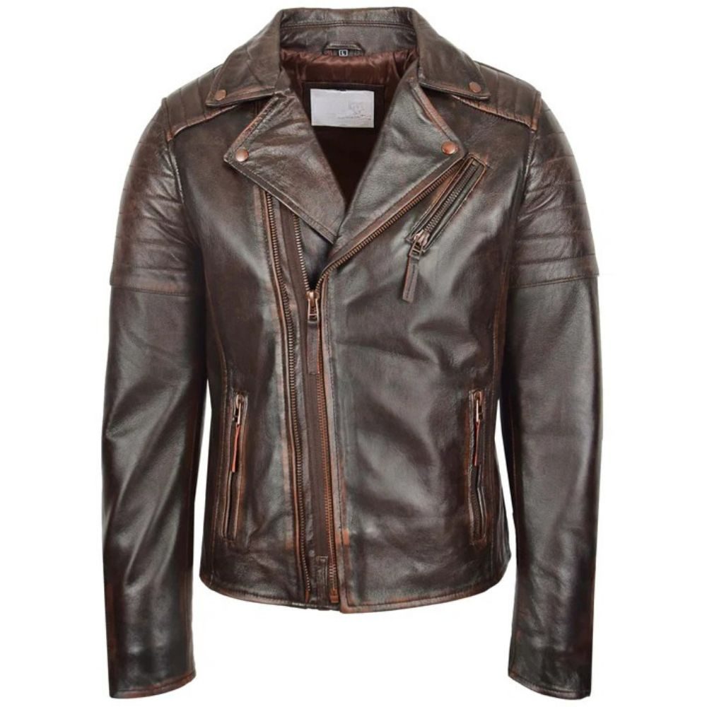 Mens Biker Dual Zip Brown Vintage Leather Jacket
