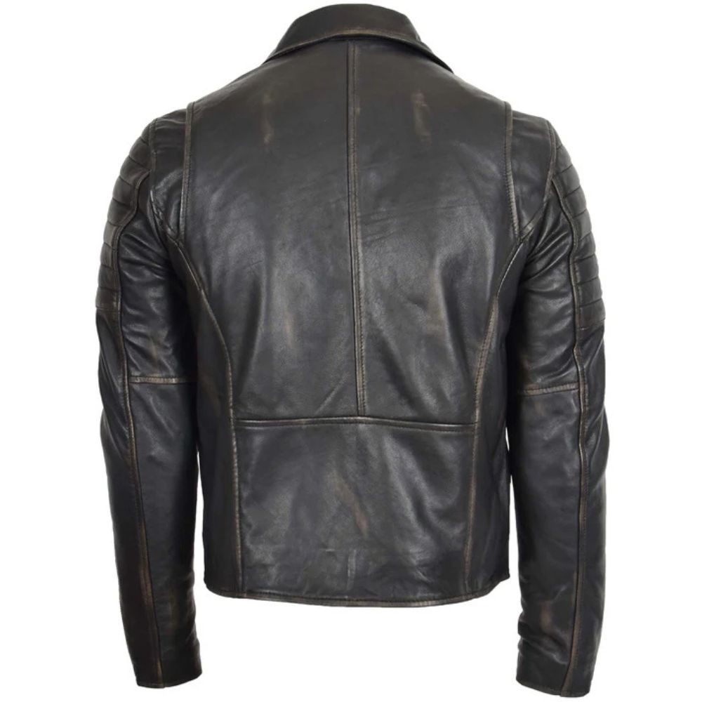 Mens Biker Rub Off Dual Zip Leather Jacket