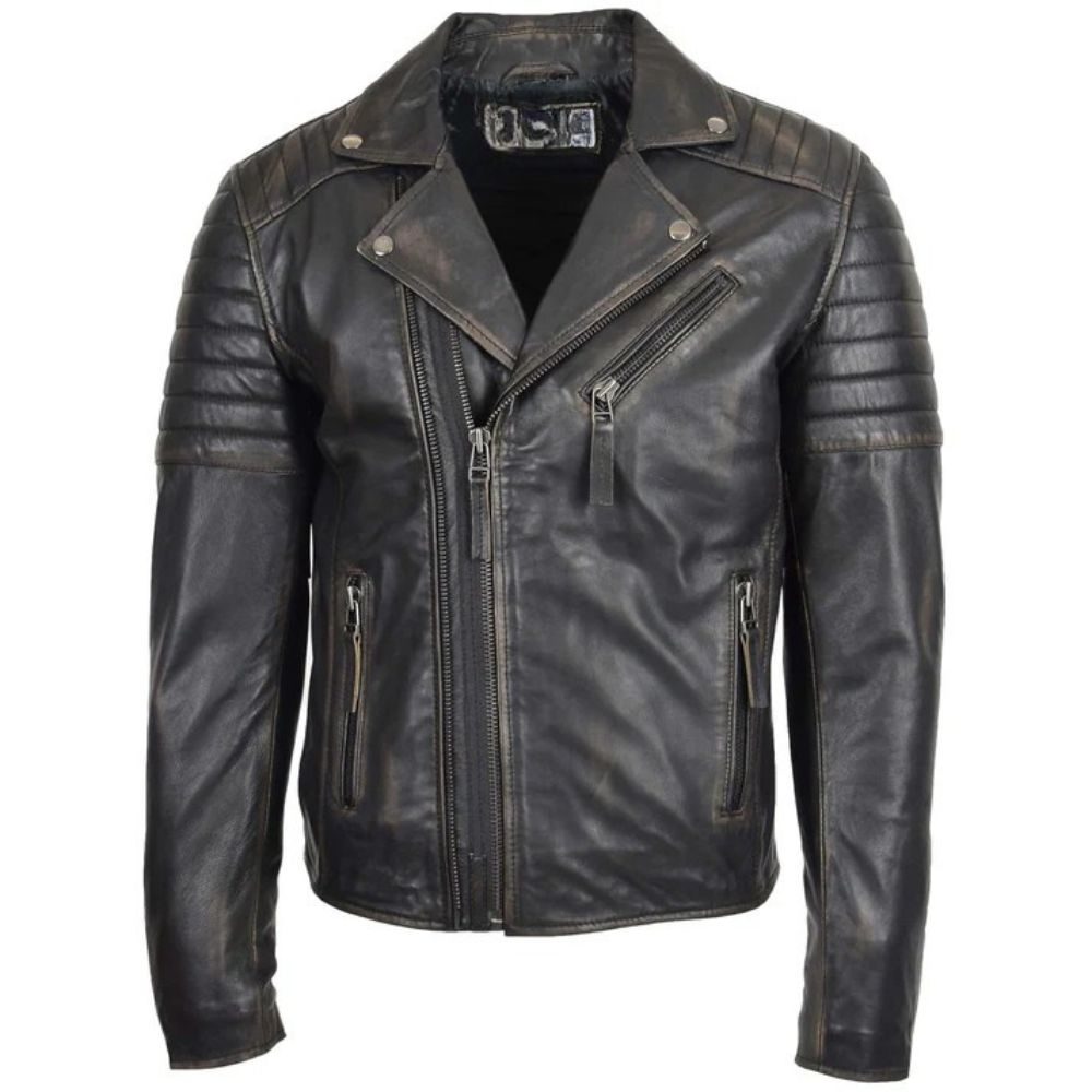 Mens Biker Rub Off Dual Zip Leather Jacket