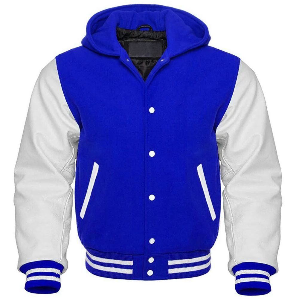 Men's Blue and White Hooded Varsity Jacket