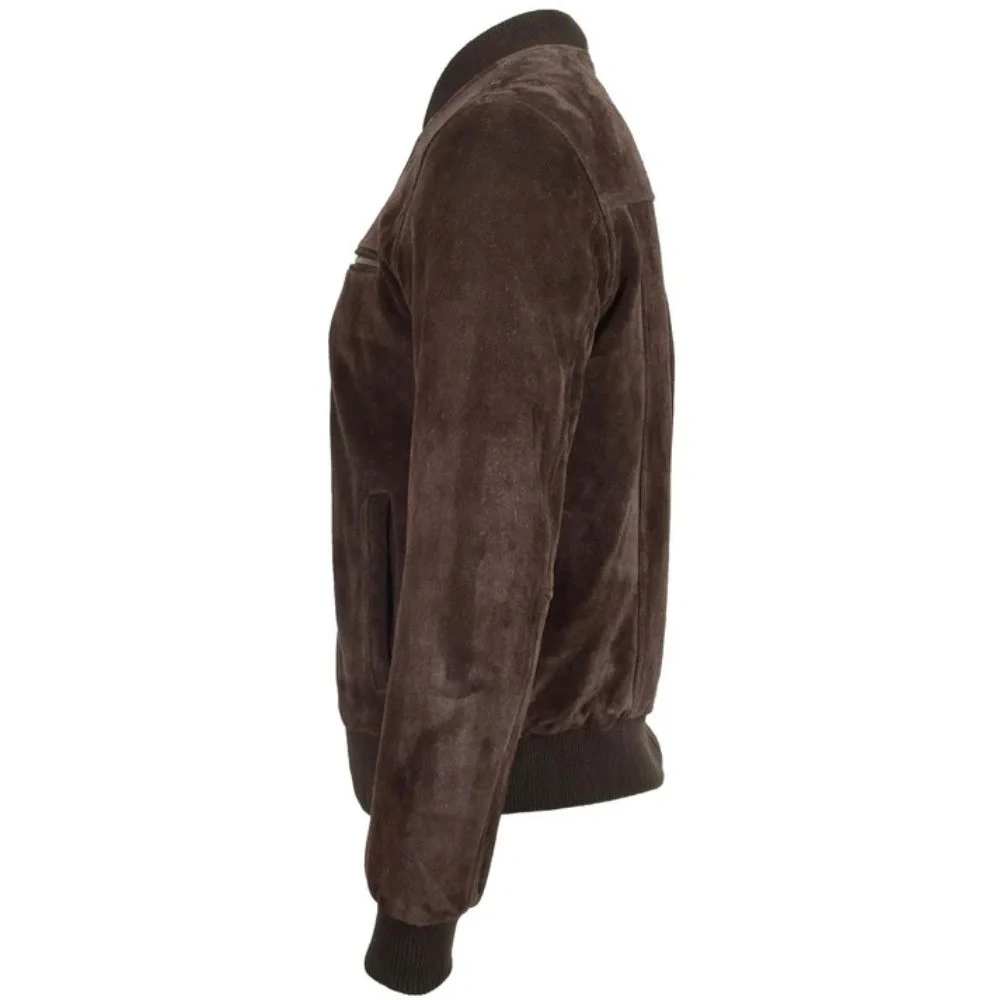 Mens Brown Suede Bomber Varsity Jacket