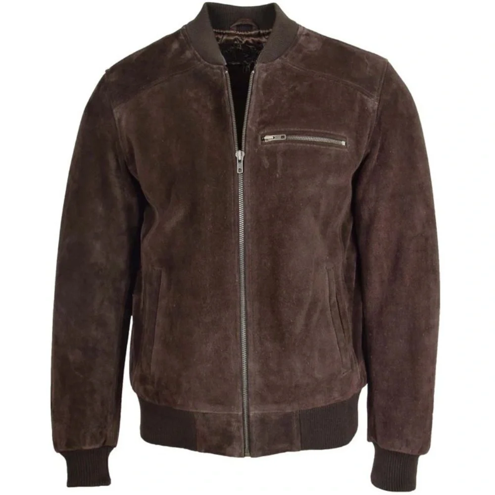 Mens Brown Suede Bomber Varsity Jacket
