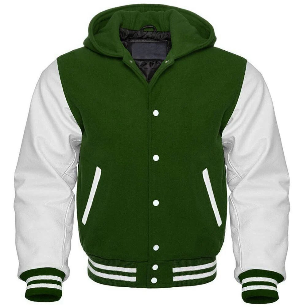 Men's Green and White Hooded Varsity Jacket