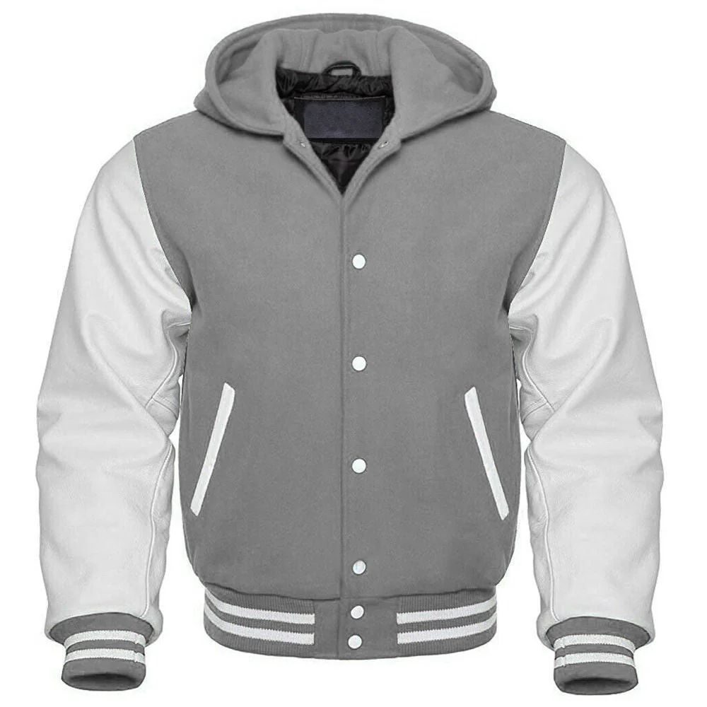 Men's Grey and White Hooded Varsity Jacket