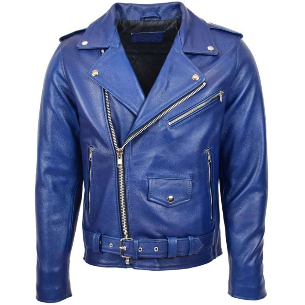 Mens Heavy Blue Leather Biker Brando Jacket