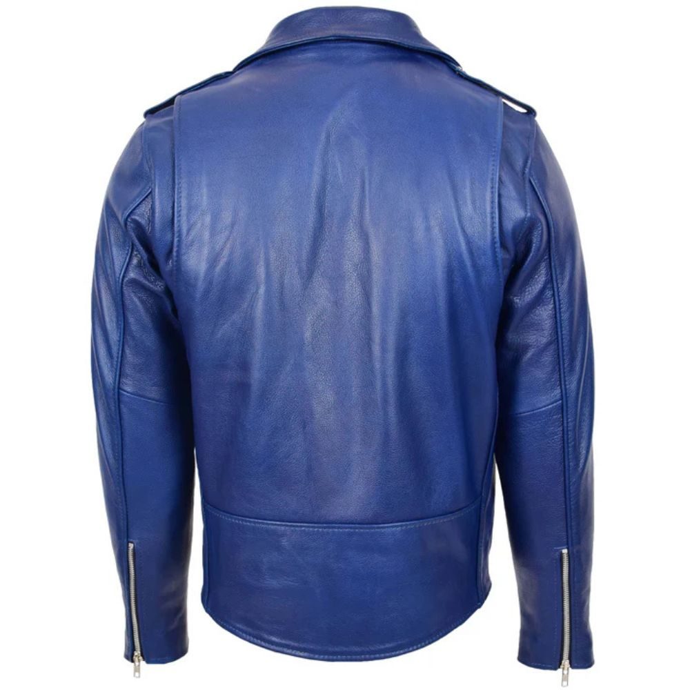 Mens Heavy Blue Leather Biker Brando Jacket