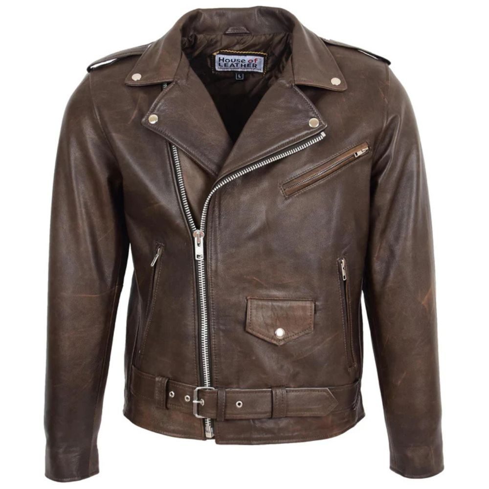 Mens Heavy Brown Leather Biker Brando Jacket