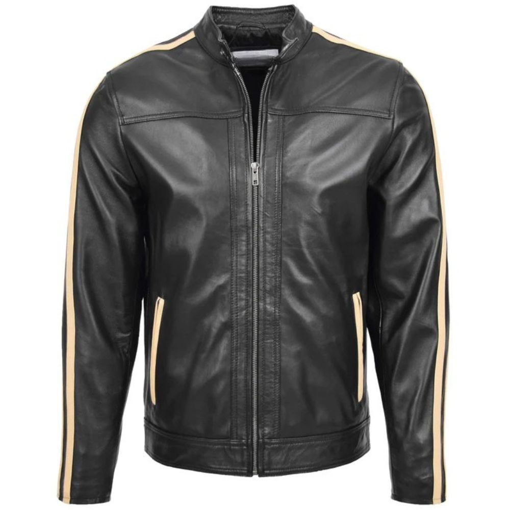 Mens Leather Biker Racing Stripes Jacket