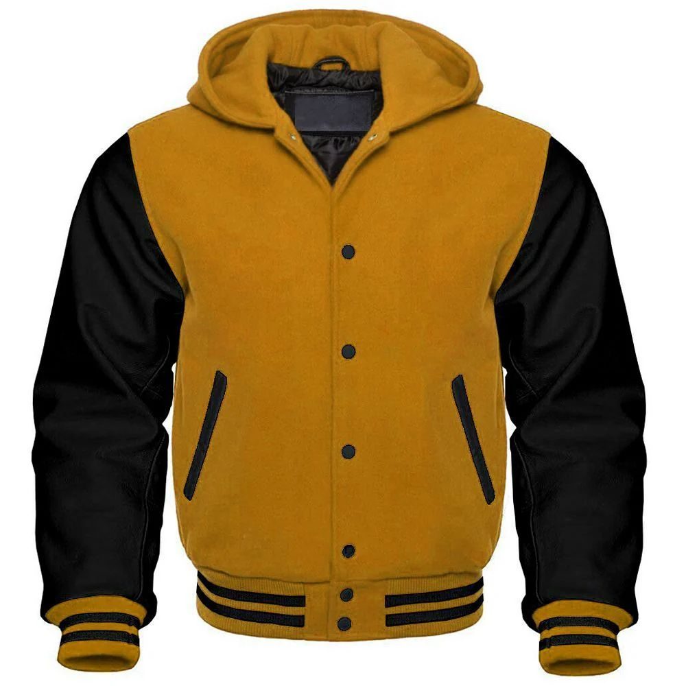 Men's Mustard and Black Hooded Varsity Jacket