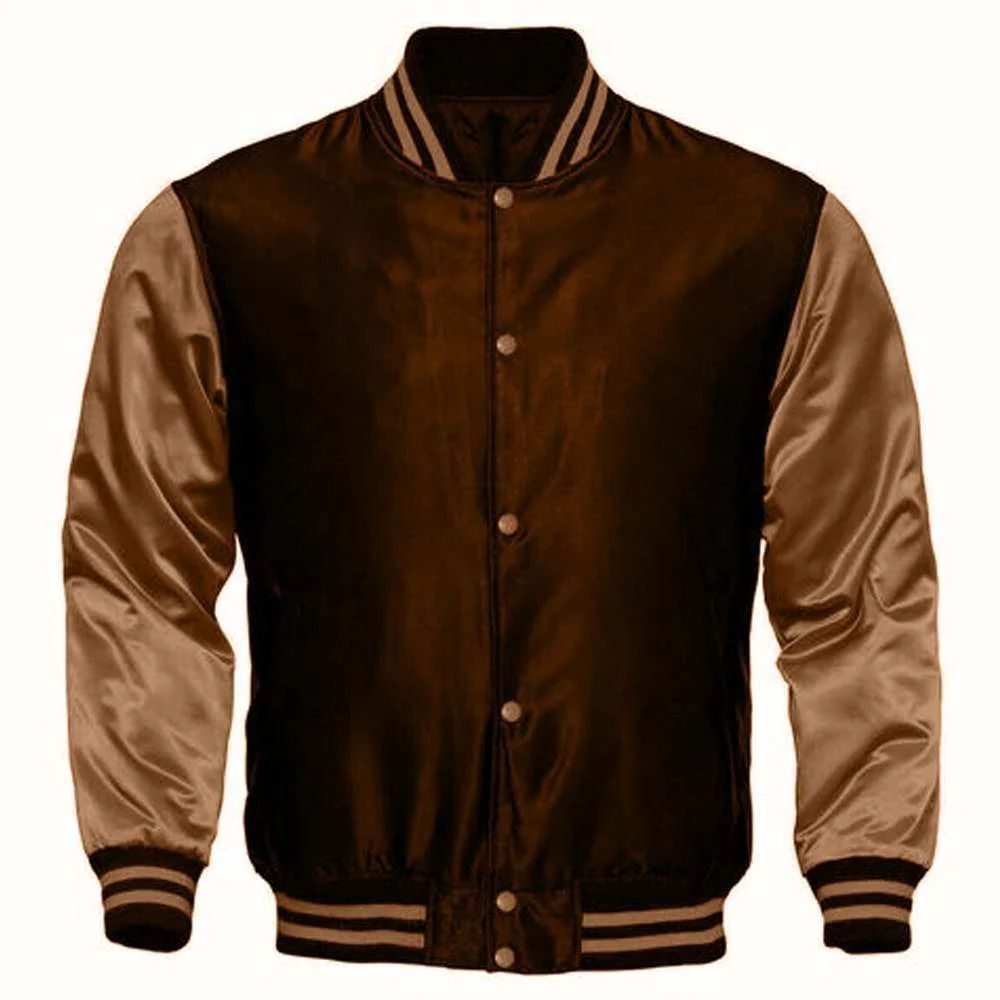 Men's Two-Tone Brown and Gold Satin Varsity Jacket