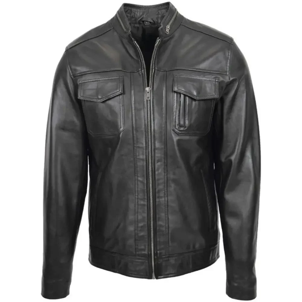 Men Black Casual Biker Leather Jacket