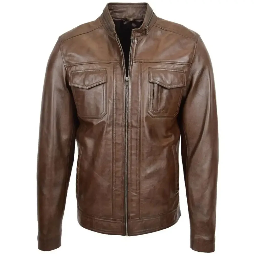 Men Brown Casual Biker Leather Jacket
