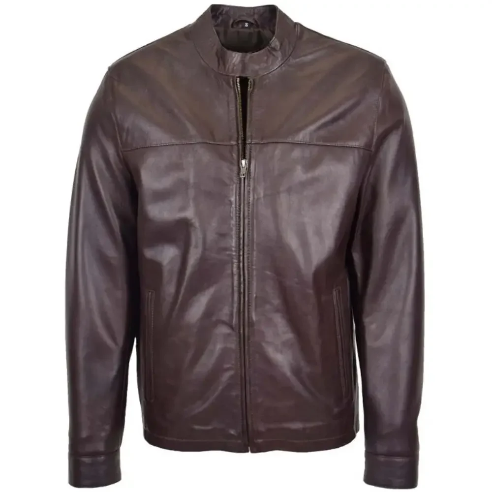 Mens Brown Leather Standing Collar Biker Jacket