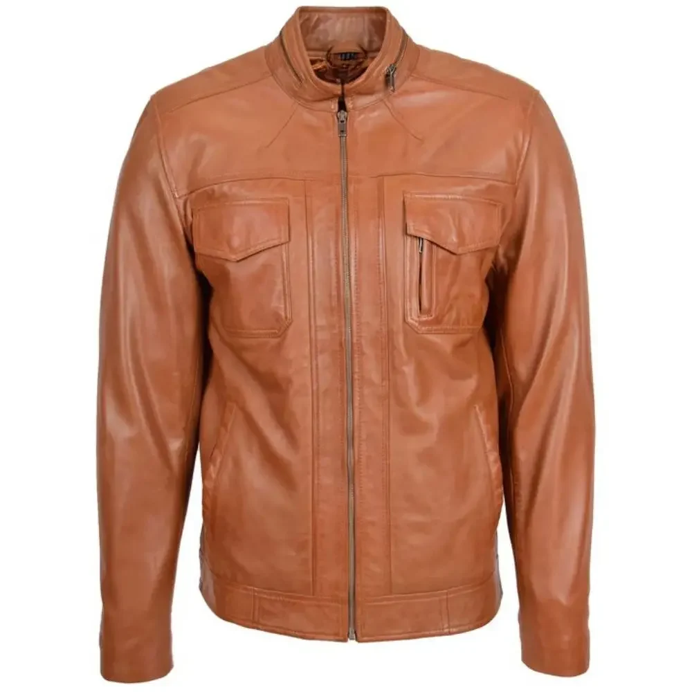 Mens Tan Casual Biker Leather Jacket
