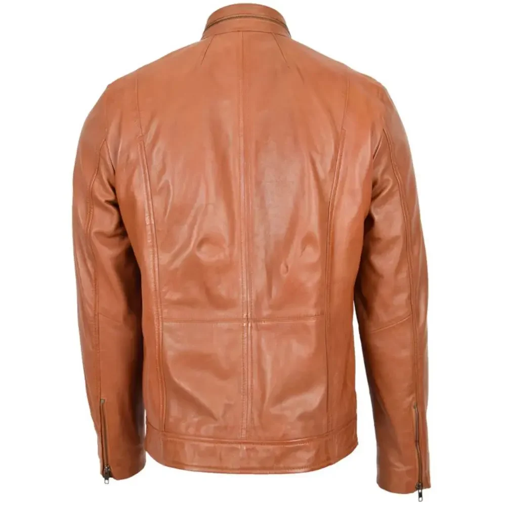 Mens Tan Casual Biker Leather Jacket