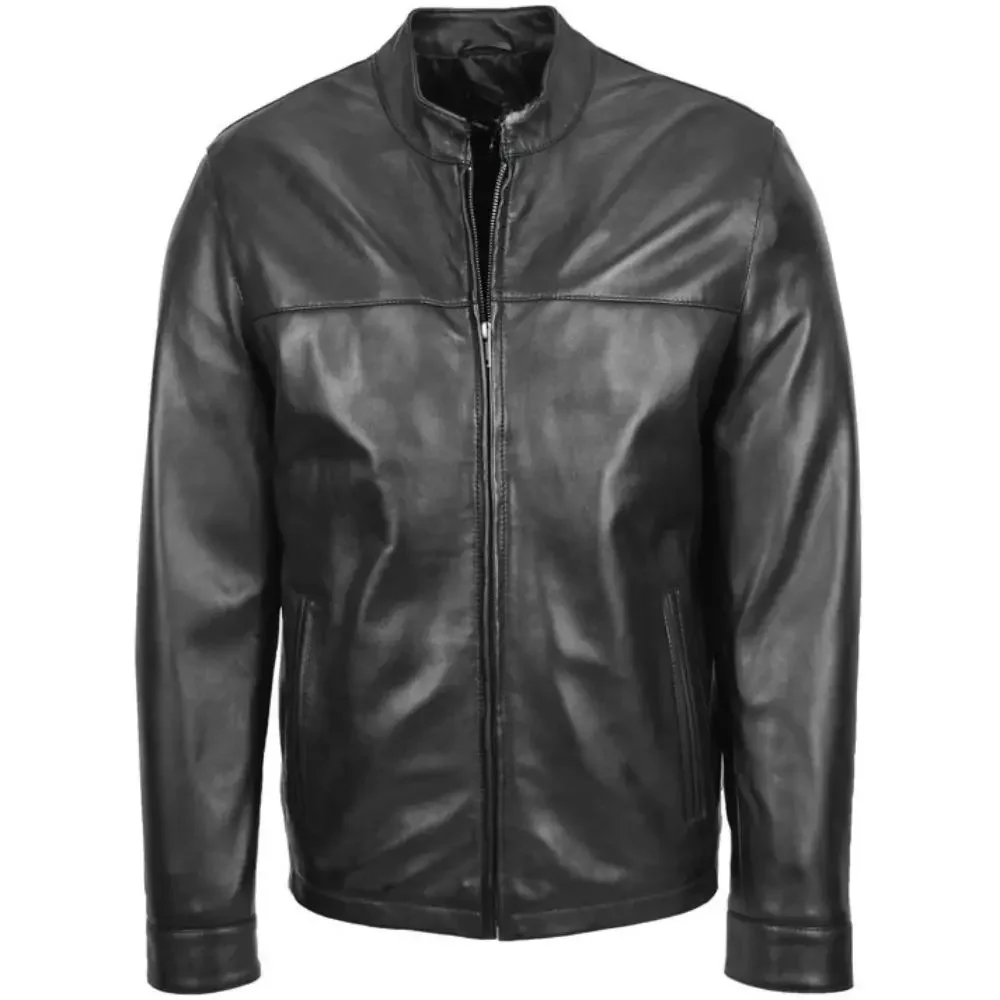 Mens Black Leather Standing Collar Biker Jacket