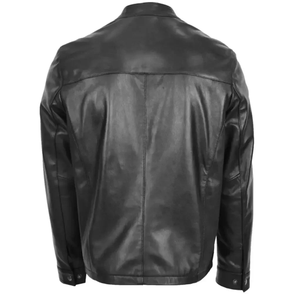 Mens Black Leather Standing Collar Biker Jacket