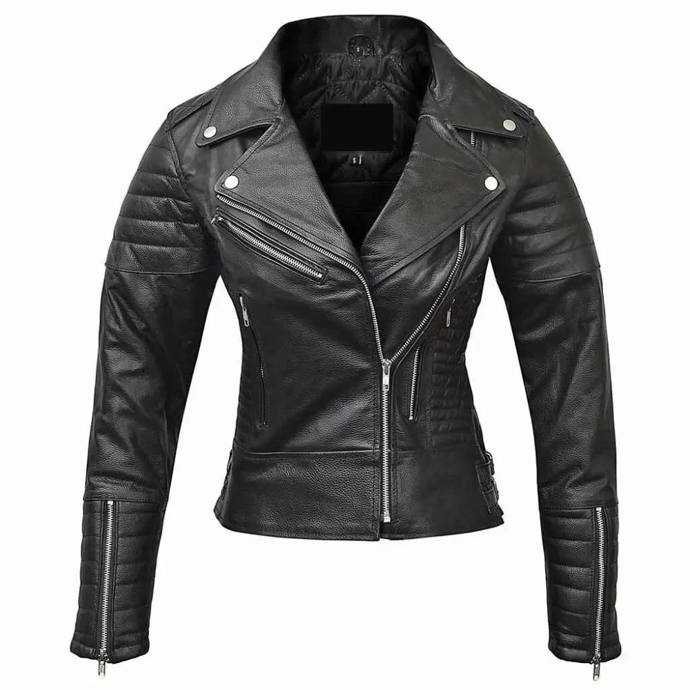 Quilted Style Black Spears Biker Leather Jacket For Womens