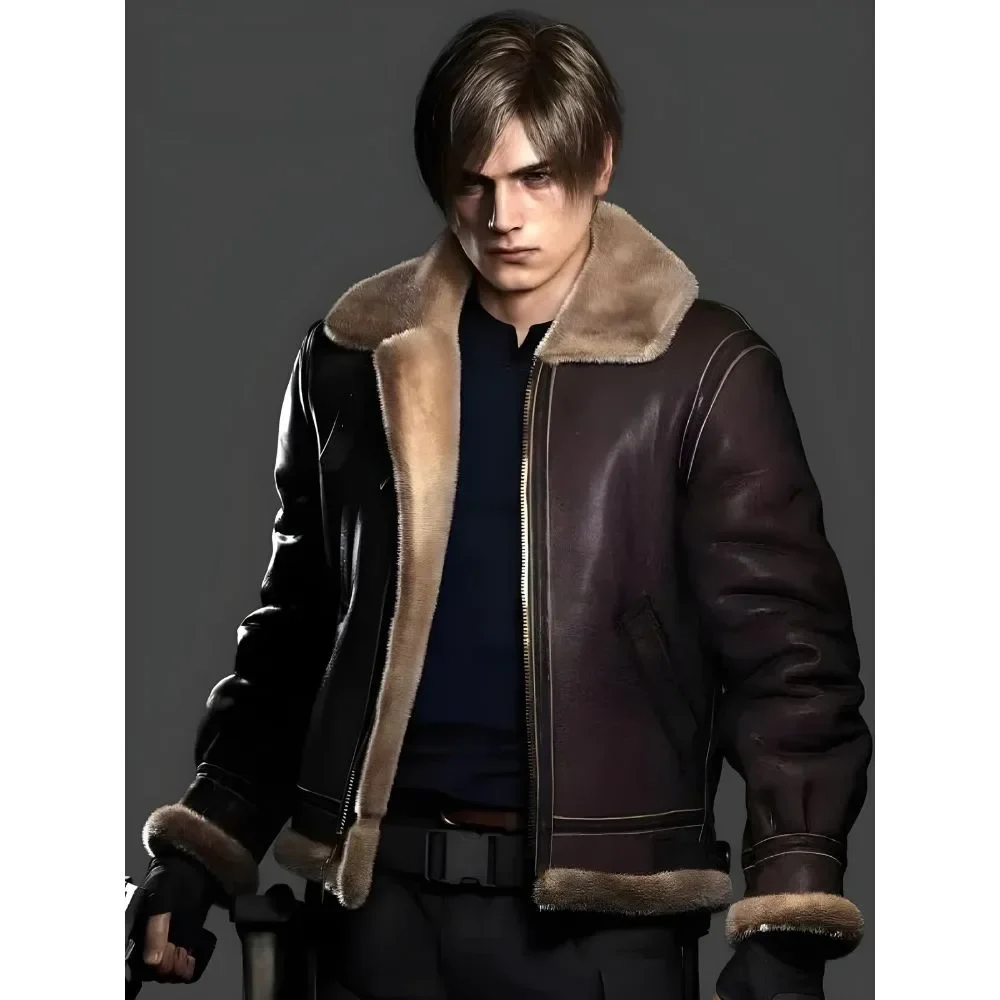 Leon Kennedy RE4 Men's Brown Leather Jacket Biker Coat