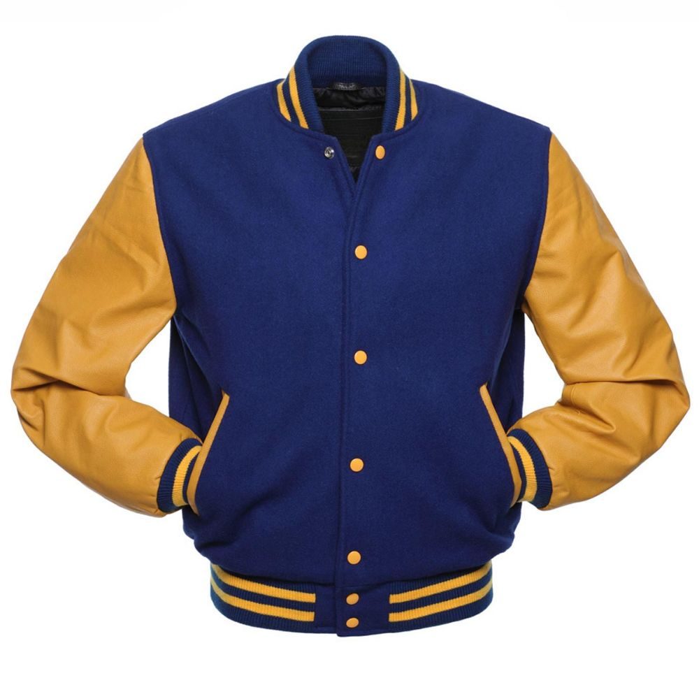 Royal Blue Gold Leather Sleeves Varsity Jacket