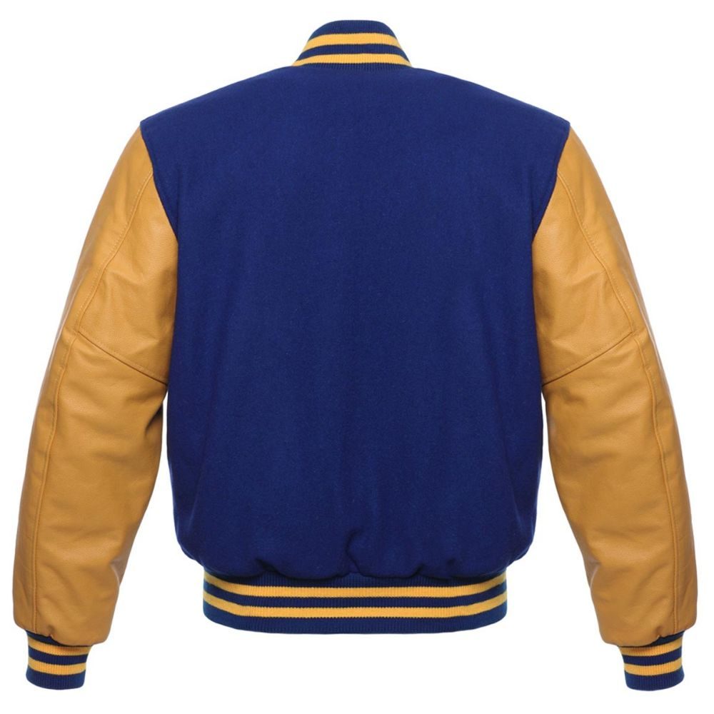 Royal Blue Gold Leather Sleeves Varsity Jacket