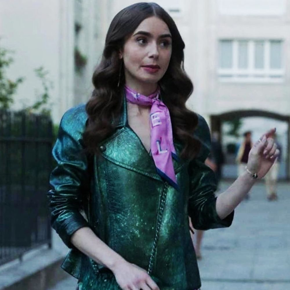 St Patricks Emily Cooper Green Metallic Moto Jacket