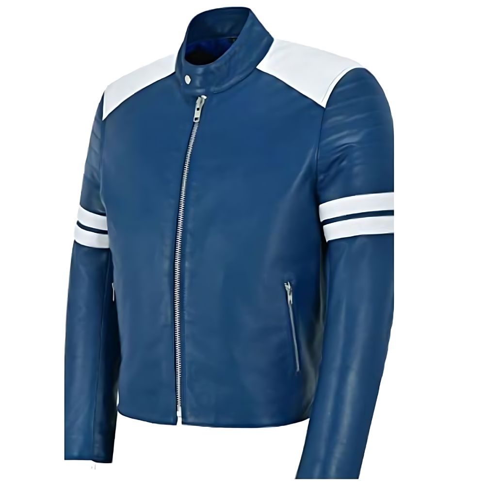 Luxurious White Stripe Blue Leather Jacket