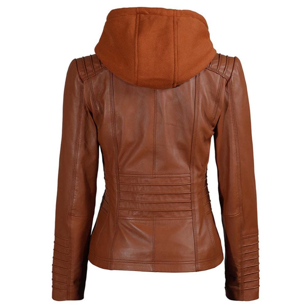 Women Tan Brown Removable Hoodie Leather Jacket