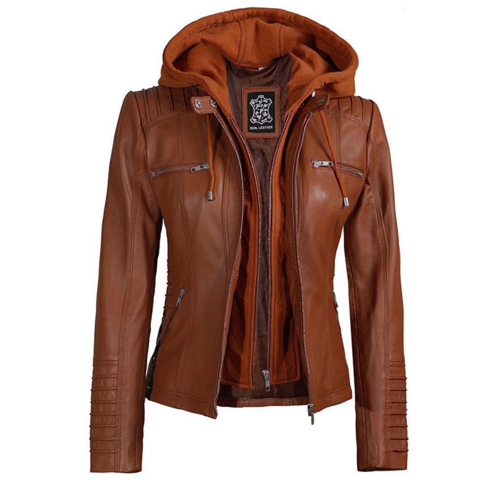 Women Tan Brown Removable Hoodie Leather Jacket