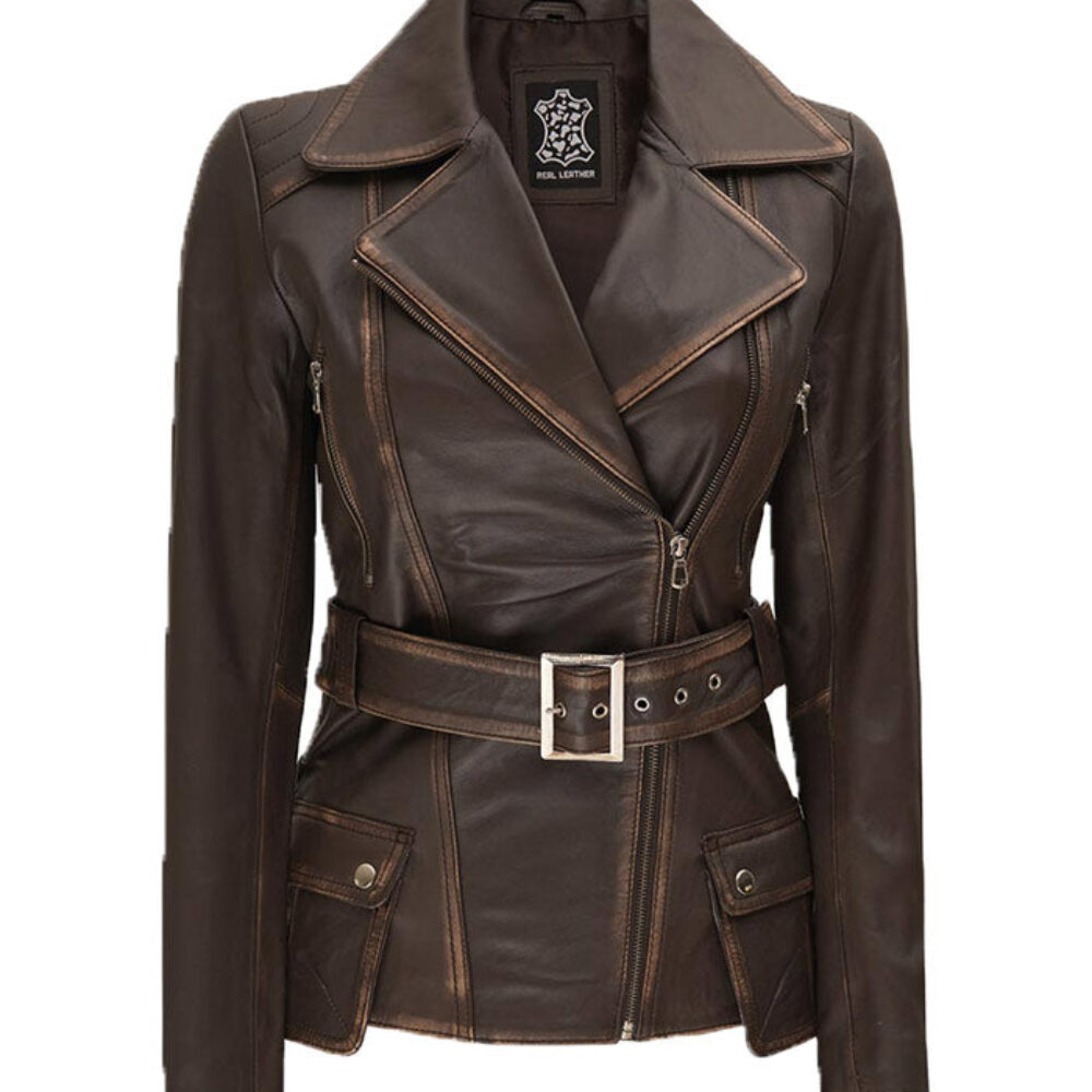 Women's Brown Belted Leather Jacket