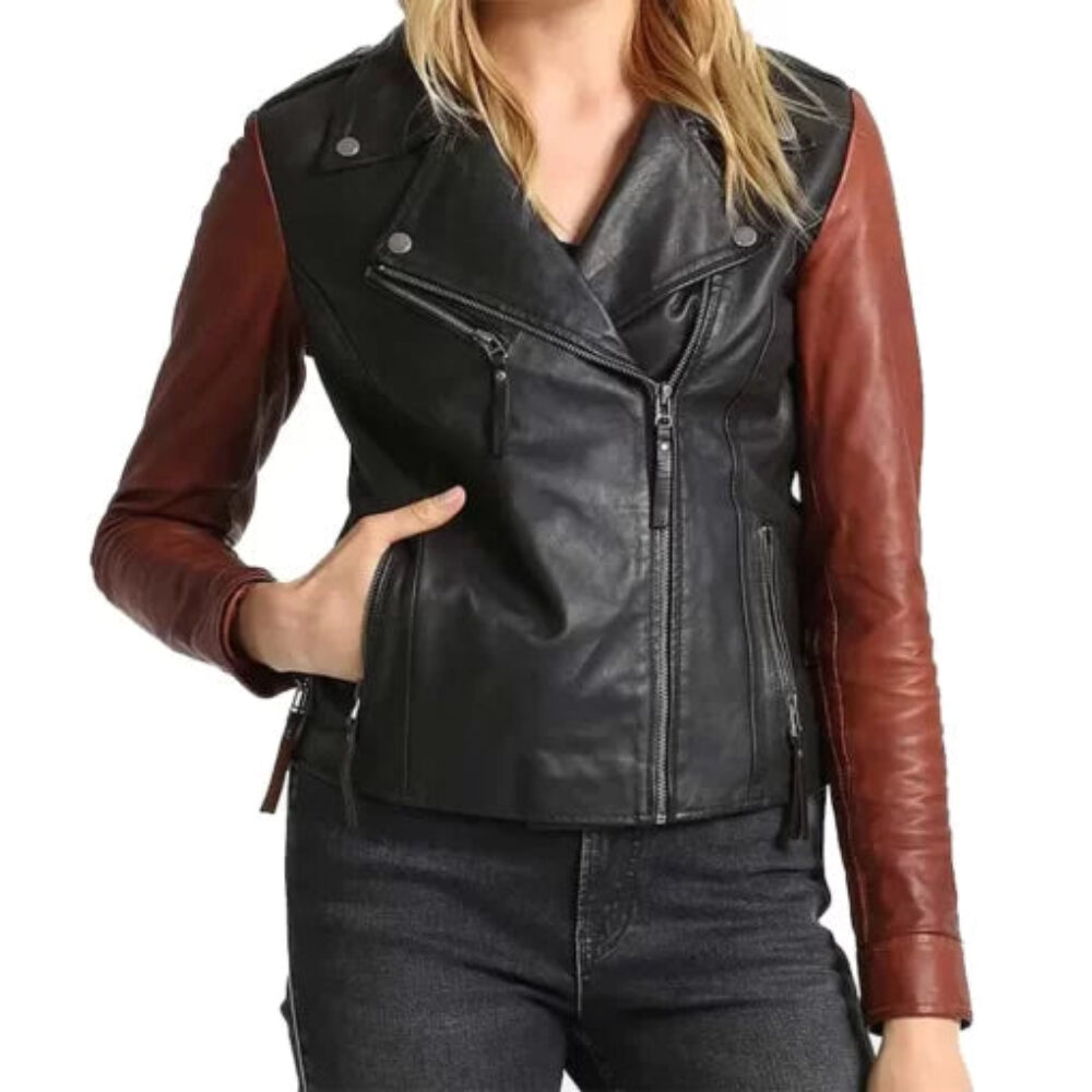 Womens Brown Sleeves Black Leather Biker Jacket