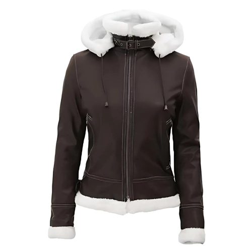 Womens Dark Brown Leather Shearling Hooded Jacket