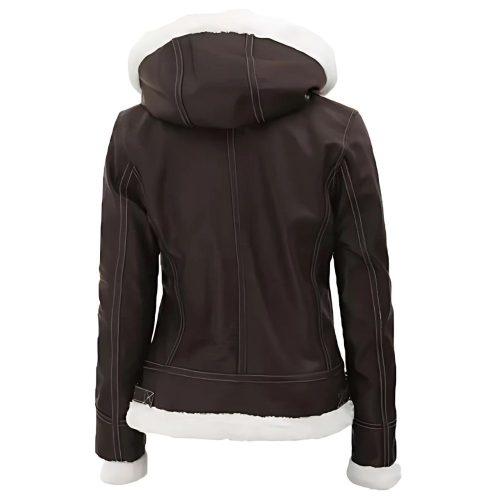 Womens Dark Brown Leather Shearling Hooded Jacket