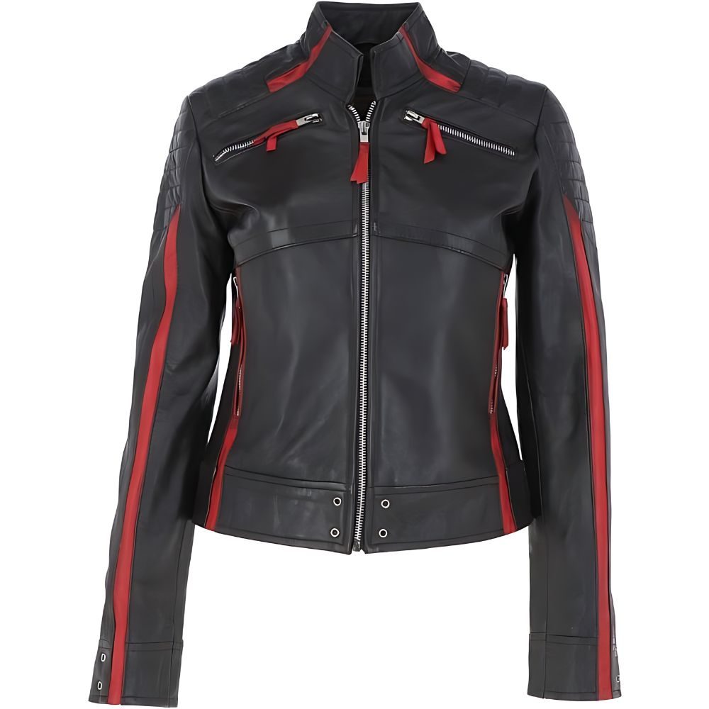 Womens Red Stripes Leather Biker Jacket