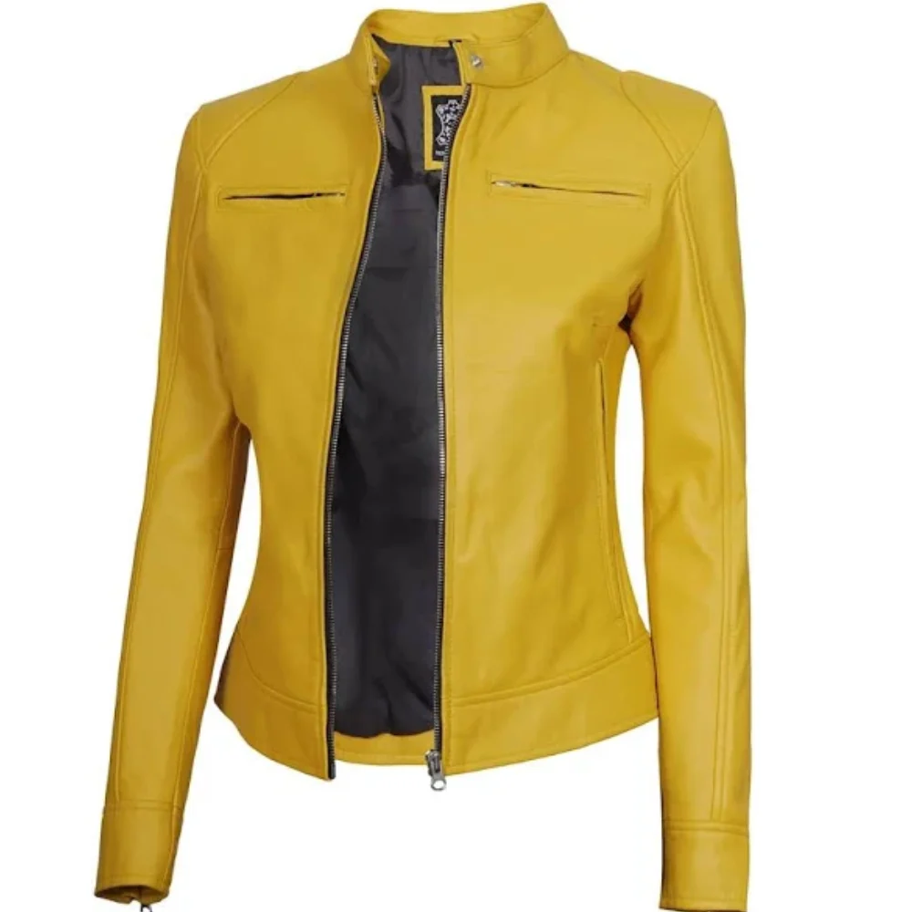 Womens Yellow Leather Biker Jacket style 2