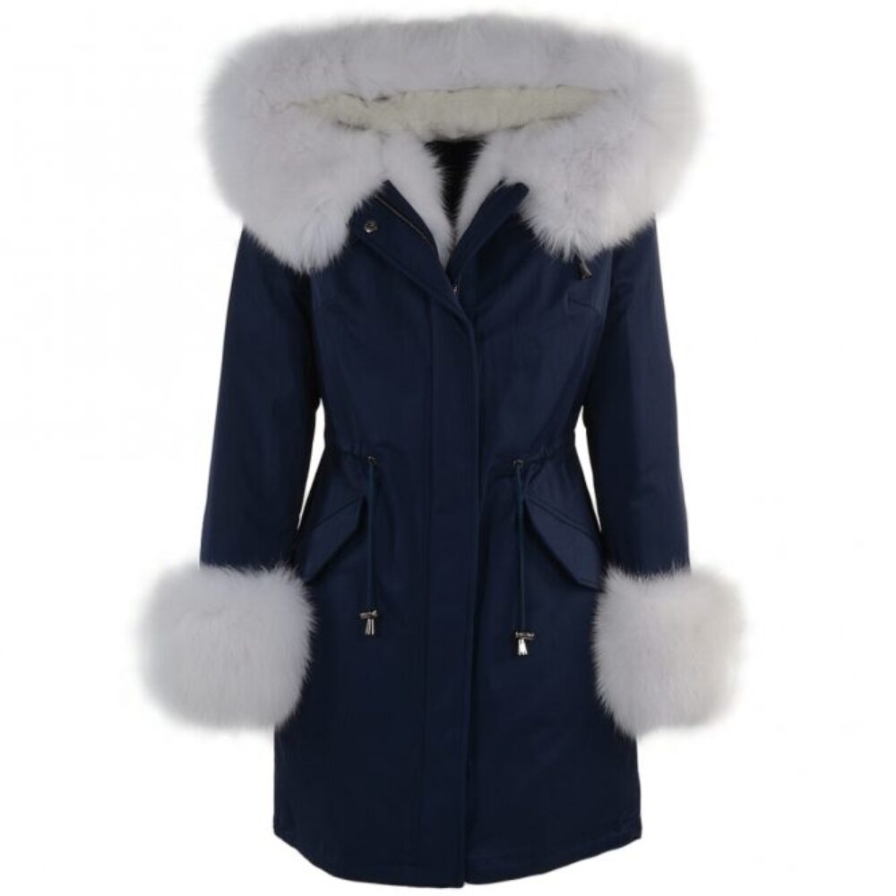 Women Shearling Hooded Blue Leather Jacket