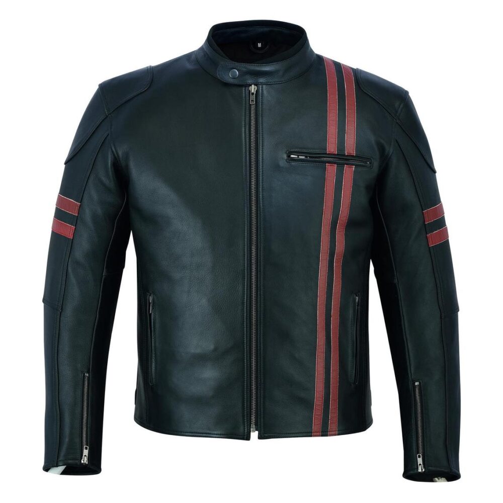 Men Motorcycle CE Armour red Stripe Genuine Cowhide Handmade Leather Biker Jacket