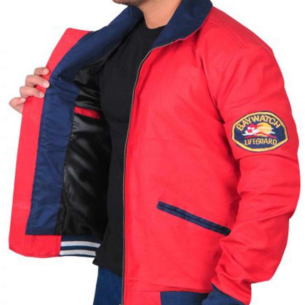 David Hasselhoff Baywatch Life Guard Cotton Red Bomber Jacket