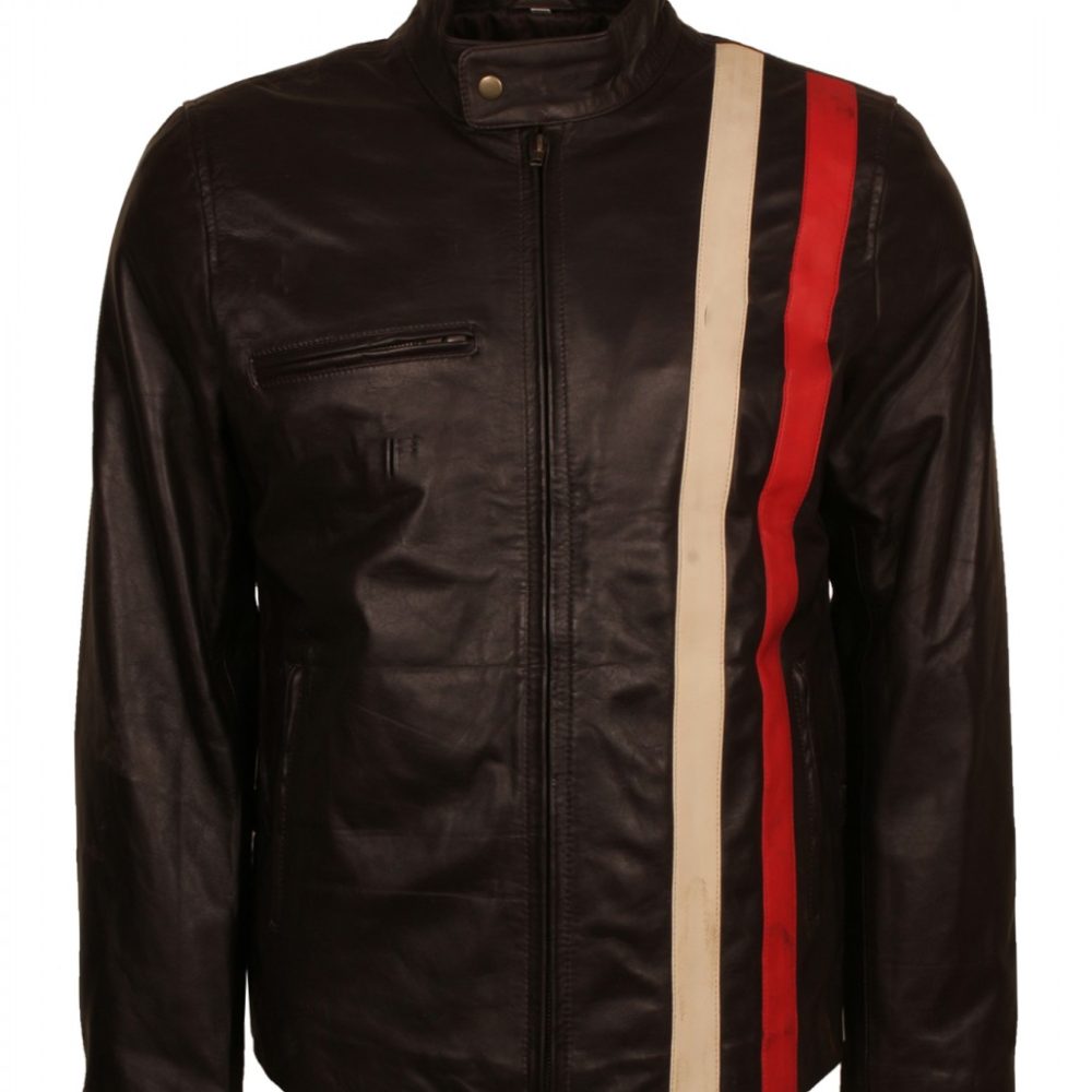 Mens Gulf Style Striped Brown Biker Leather Jacket