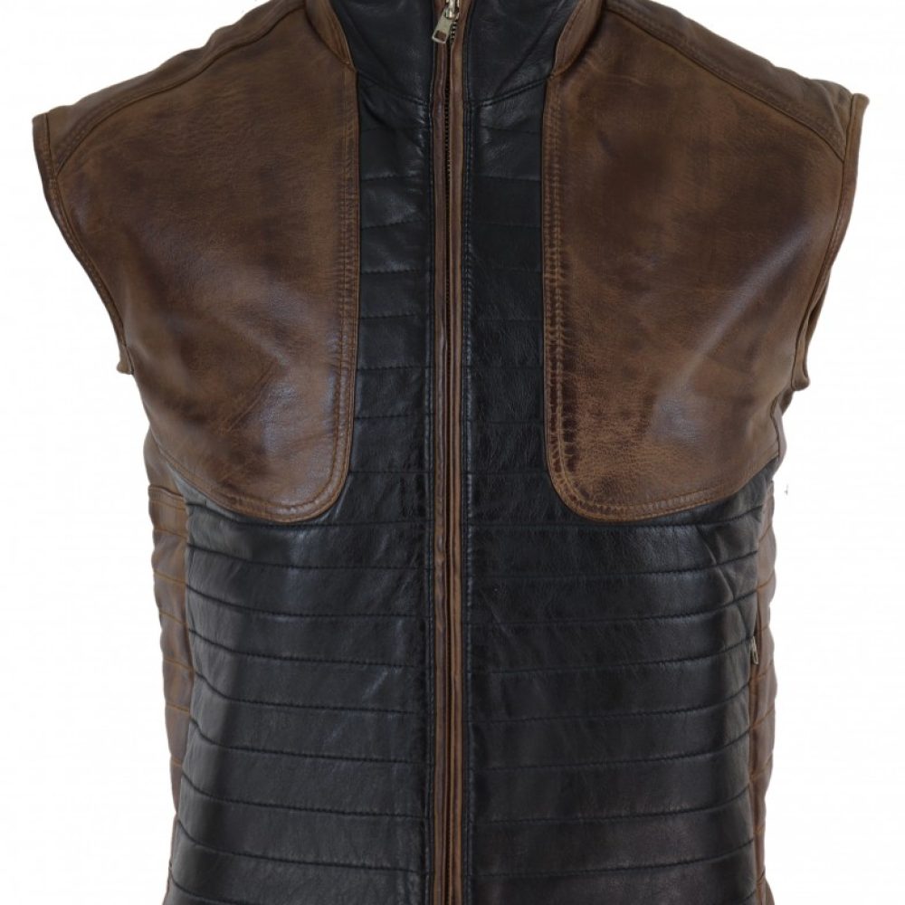 Mens Black & Brown Motorcycle Leather Vest